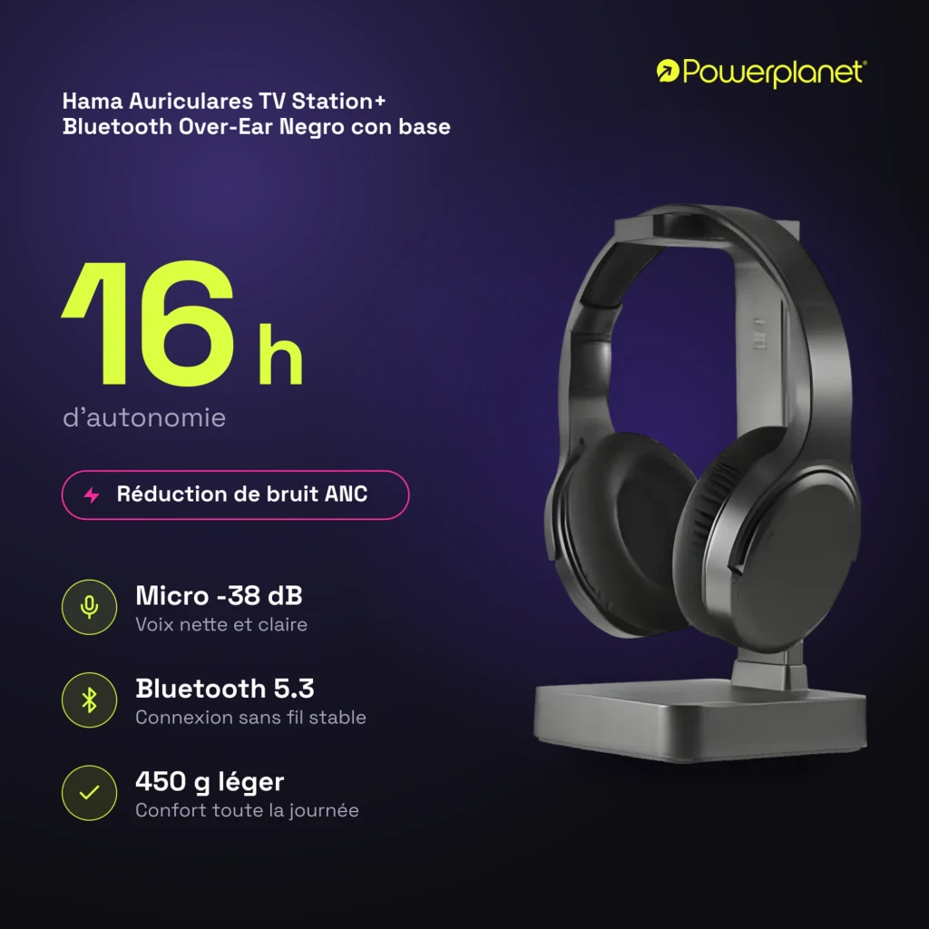 Hama Casque TV Station+ Bluetooth Over-Ear noir, vue latérale: casque sur base de charge, coussinets et arceau visibles - Ítem7