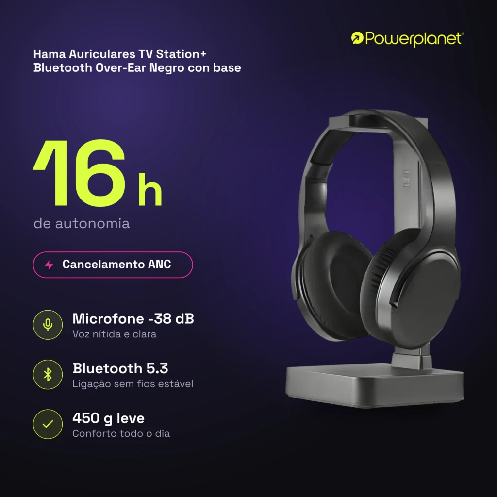 Hama Casque TV Station+ Bluetooth Over-Ear noir, vue latérale: casque sur base de charge, coussinets et arceau visibles - Ítem6