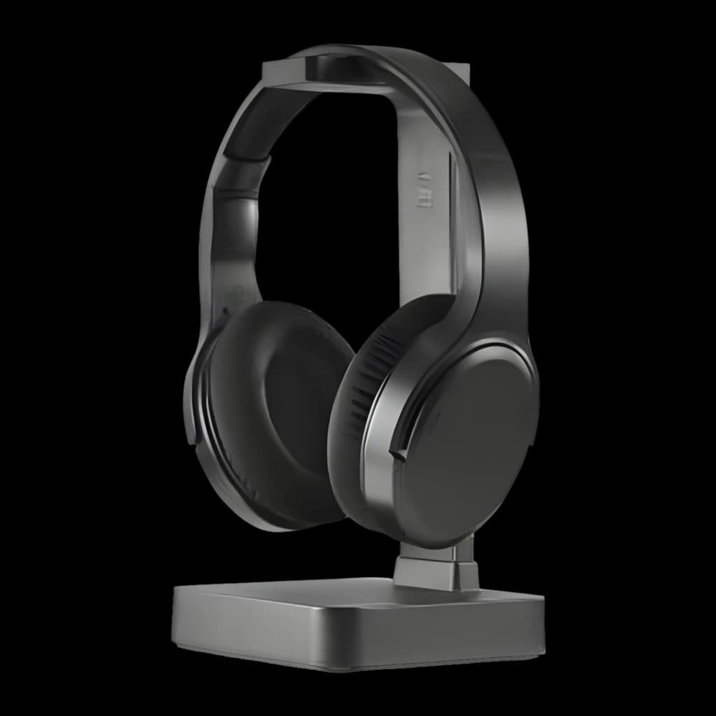 Hama Auriculares TV Station+ Bluetooth Over-Ear preto, vista lateral: auriculares sobre base de carregamento, almofadas e