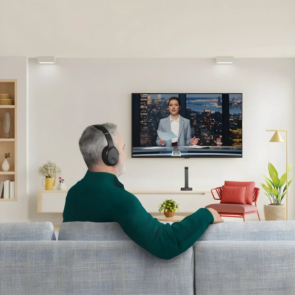 Hama Casque TV Station+ Bluetooth Over-Ear noir, vue latérale: casque sur base de charge, coussinets et arceau visibles - Ítem3