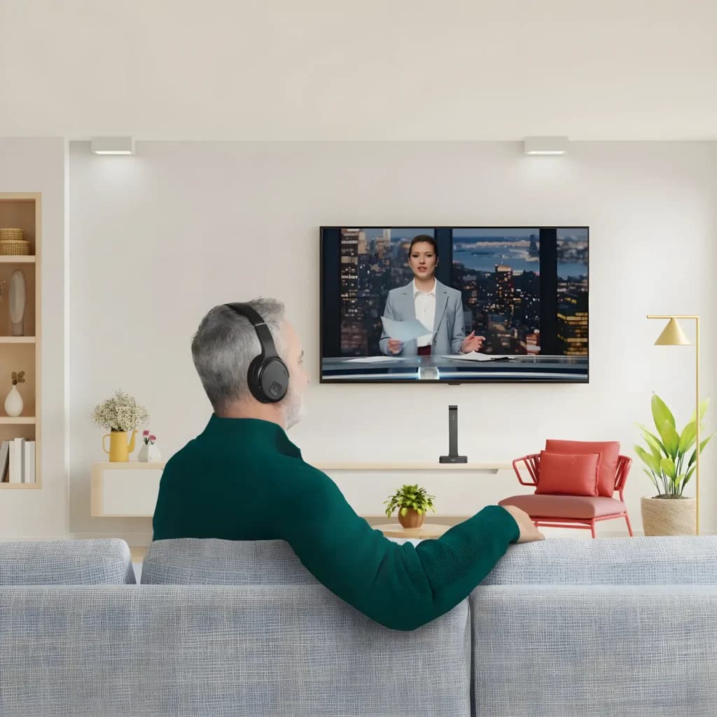 Hama TV Station+ Bluetooth Over-Ear preto, uso em sala: homem no sofá a ver TV com auriculares colocados