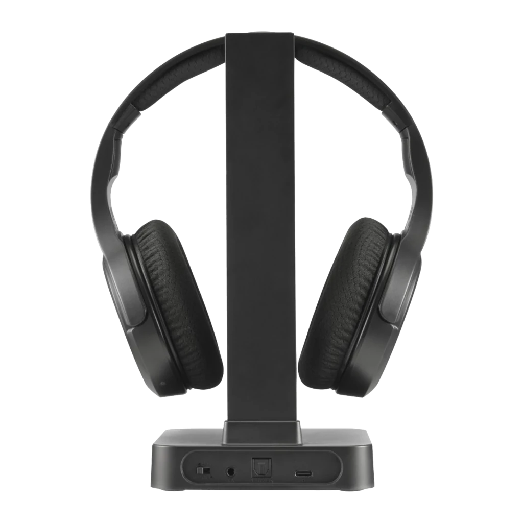 Hama Casque TV Station+ Bluetooth Over-Ear noir, vue latérale: casque sur base de charge, coussinets et arceau visibles - Ítem1