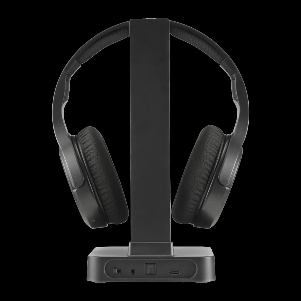 Hama TV Station+ Bluetooth Over-Ear preto, vista frontal: auscultadores na base com suporte vertical e portas na base