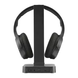 Hama TV Station+ Bluetooth Over-Ear preto, vista frontal: auscultadores na base com suporte vertical e portas na base