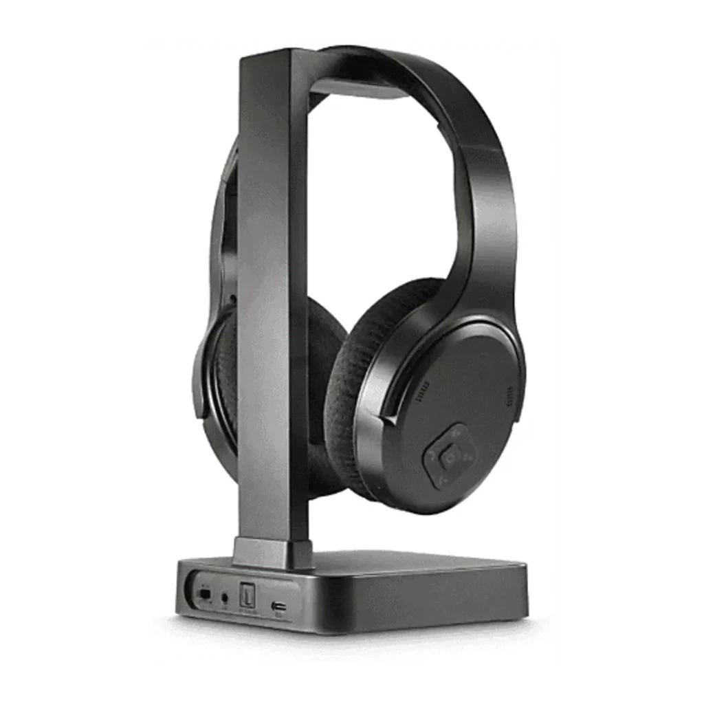 Hama Casque TV Station+ Bluetooth Over-Ear noir, vue latérale: casque sur base de charge, coussinets et arceau visibles - Ítem4