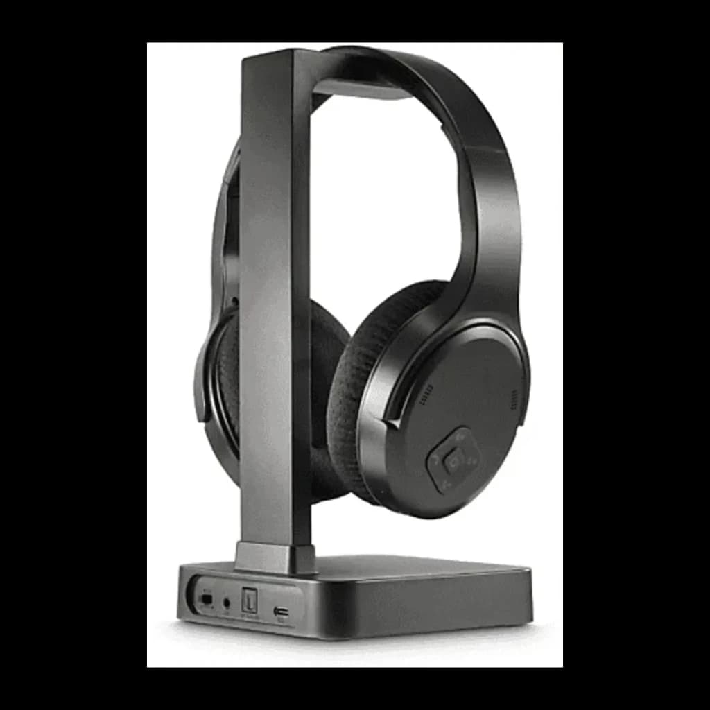 Hama TV Station+ Bluetooth Over-Ear preto, vista lateral: auscultadores sobre base de carregamento com portas visíveis