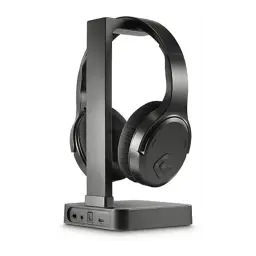 Hama TV Station+ Bluetooth Over-Ear preto, vista lateral: auscultadores sobre base de carregamento com portas visíveis