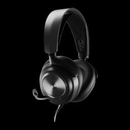 SteelSeries Arctis Nova Pro Wireless P preto, vista lateral: microfone retrátil estendido e concha com acabamento metálico
