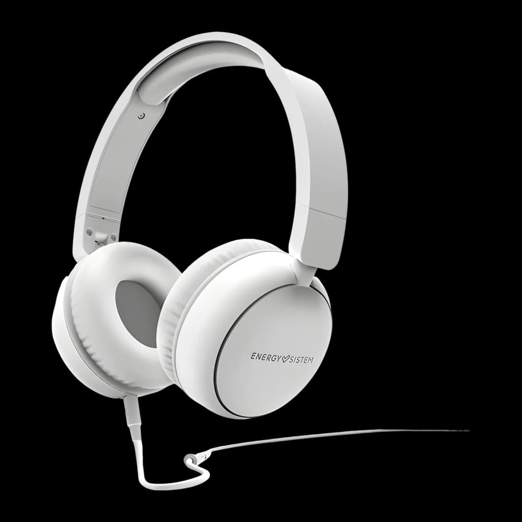 Energy Sistem FunVibe Blanc, vue latérale: casque avec logo sur l'oreillette et câble jack visible