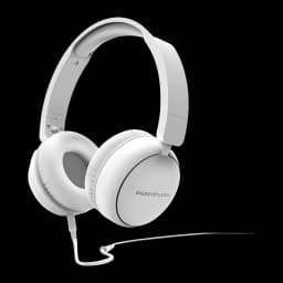 Energy Sistem FunVibe Blanc, vue latérale: casque avec logo sur l'oreillette et câble jack visible