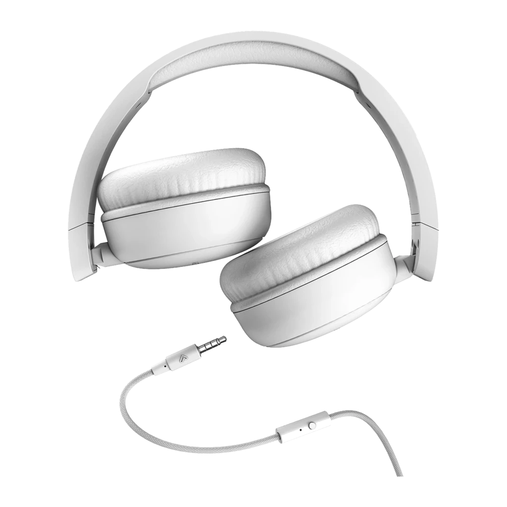 Energy Sistem FunVibe Blanco, vista lateral: auriculares diadema con logo en copa y cable jack visible - Ítem2
