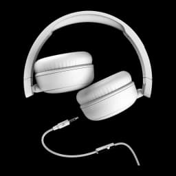 Energy Sistem Casque FunVibe Blanc, vue du dessus: coussinets, arceau plié et câble jack 3,5 mm