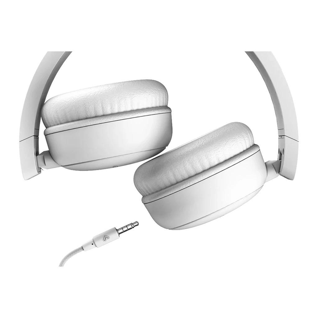 Energy Sistem FunVibe Blanco, vista lateral: auriculares diadema con logo en copa y cable jack visible - Ítem3