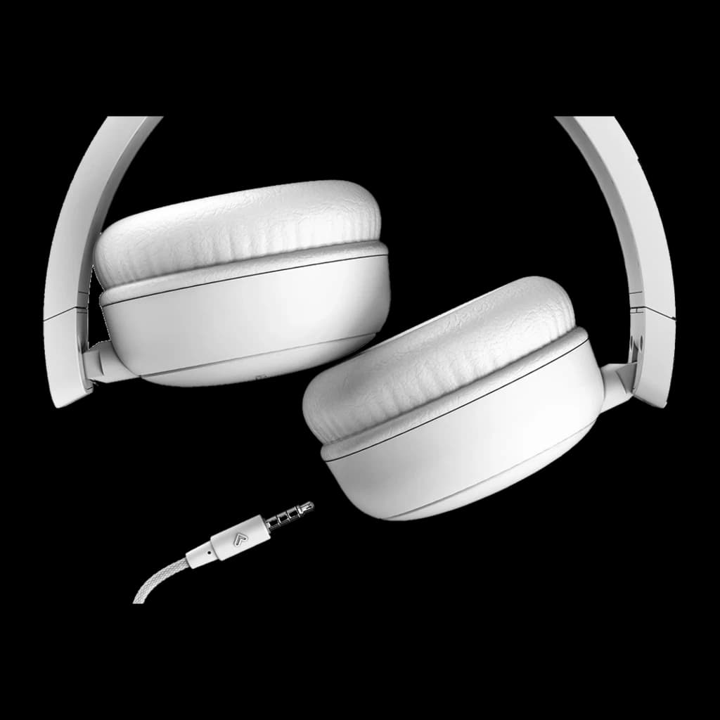 Energy Sistem Casque FunVibe Blanc, détail: coussinets en cuir et connecteur jack 3,5 mm au premier plan