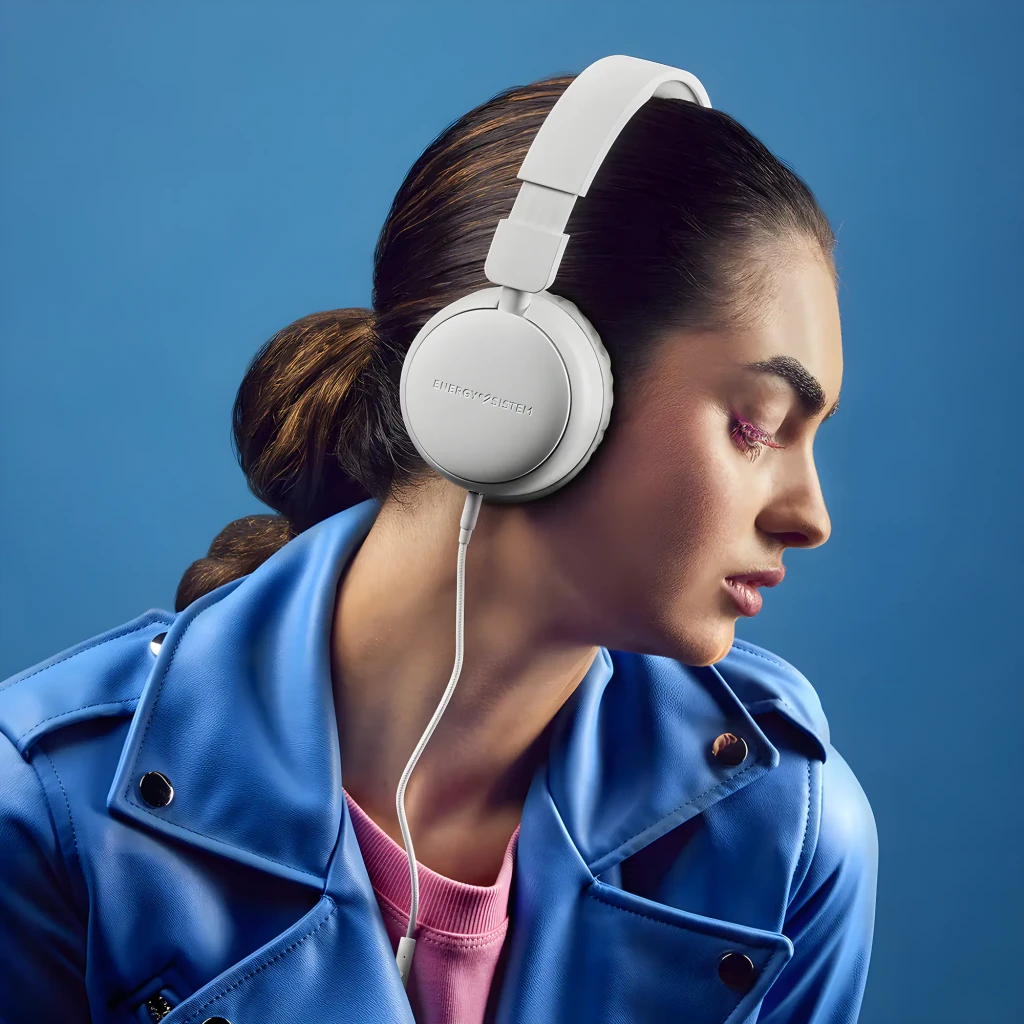 Energy Sistem FunVibe Blanco, vista lateral: auriculares diadema con logo en copa y cable jack visible - Ítem5