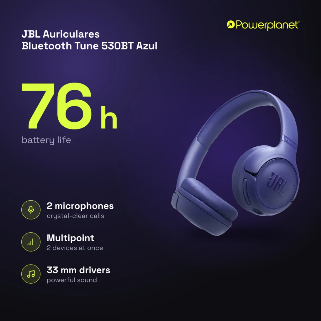 JBL Auriculares Bluetooth Tune 530BT Azul, vista lateral: logo JBL en auricular derecho, diadema y almohadillas visibles - Ítem10