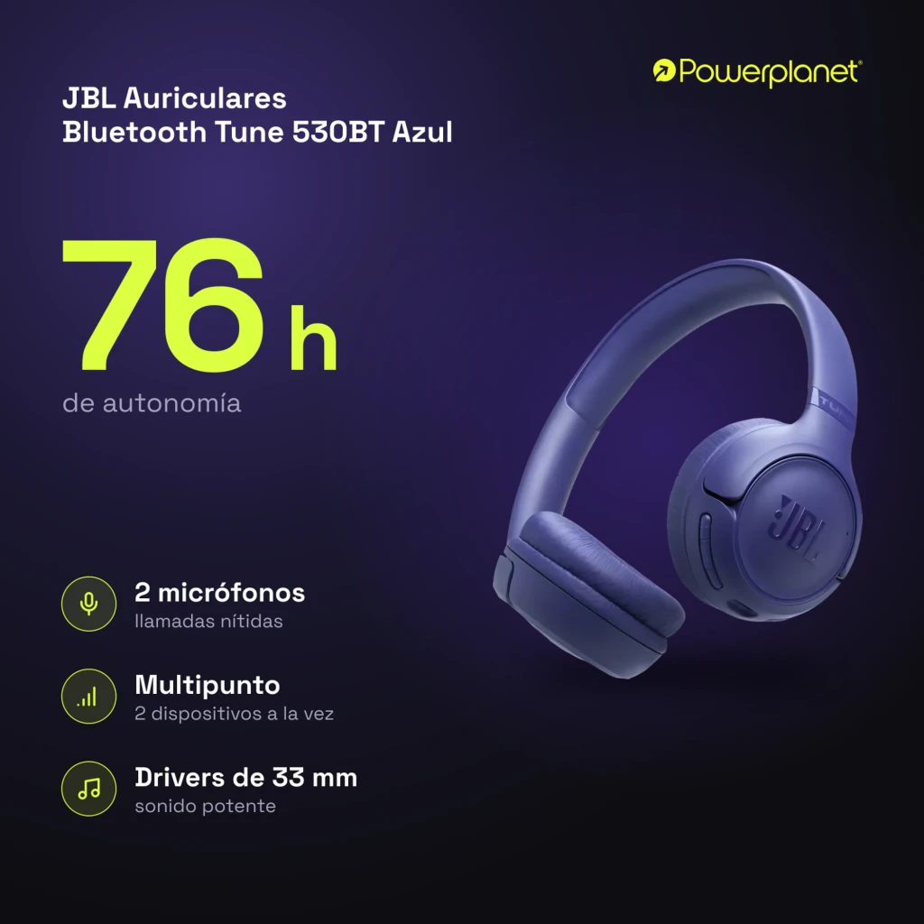 JBL Auriculares Bluetooth Tune 530BT Azul, vista lateral: logo JBL en auricular derecho, diadema y almohadillas visibles - Ítem7