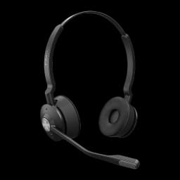 Jabra Engage SE Stereo UC Sans Fil Noir, vue de face en angle: arceau, double coussinets et microphone flexible extensible