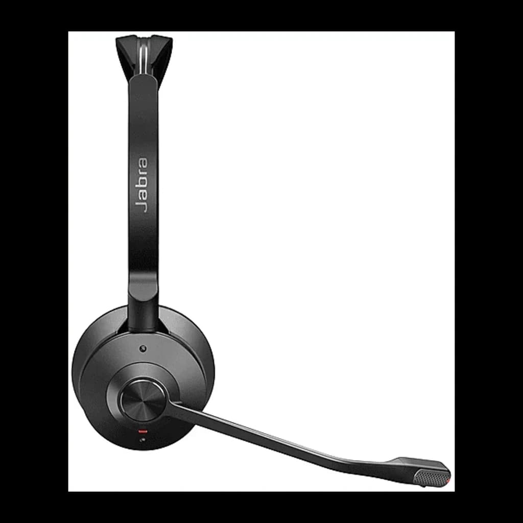Jabra Engage SE Stereo UC Sans Fil noir, vue latérale: écouteur unique avec micro-perche extensible et logo Jabra sur arceau