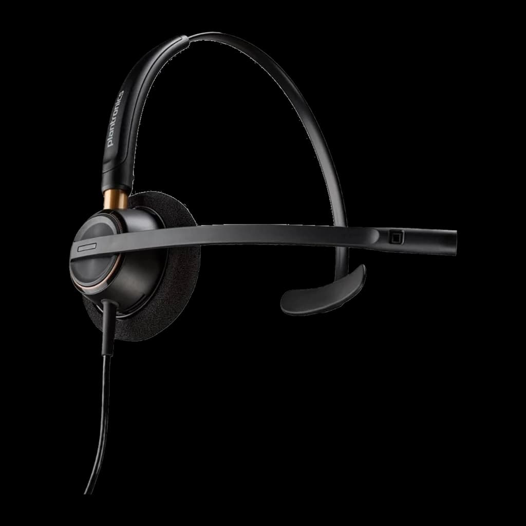 Poly HP EncorePro 510 Monaural preto, vista frontal-lateral: gancho auricular visível, haste de microfone estendida e