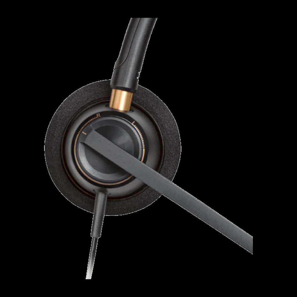Poly HP EncorePro 510 Monaural Preto, detalhe: auricular com aro dourado, ajuste giratório e haste de microfone visíveis