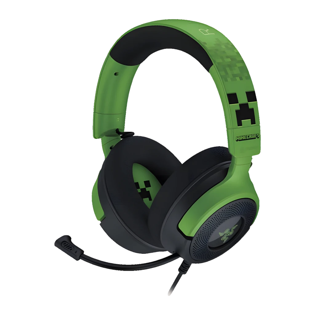 Razer Kraken V4 X Minecraft Edition Negro Verde, vista lateral: diadema con píxeles Creeper y micrófono flexible - Ítem6