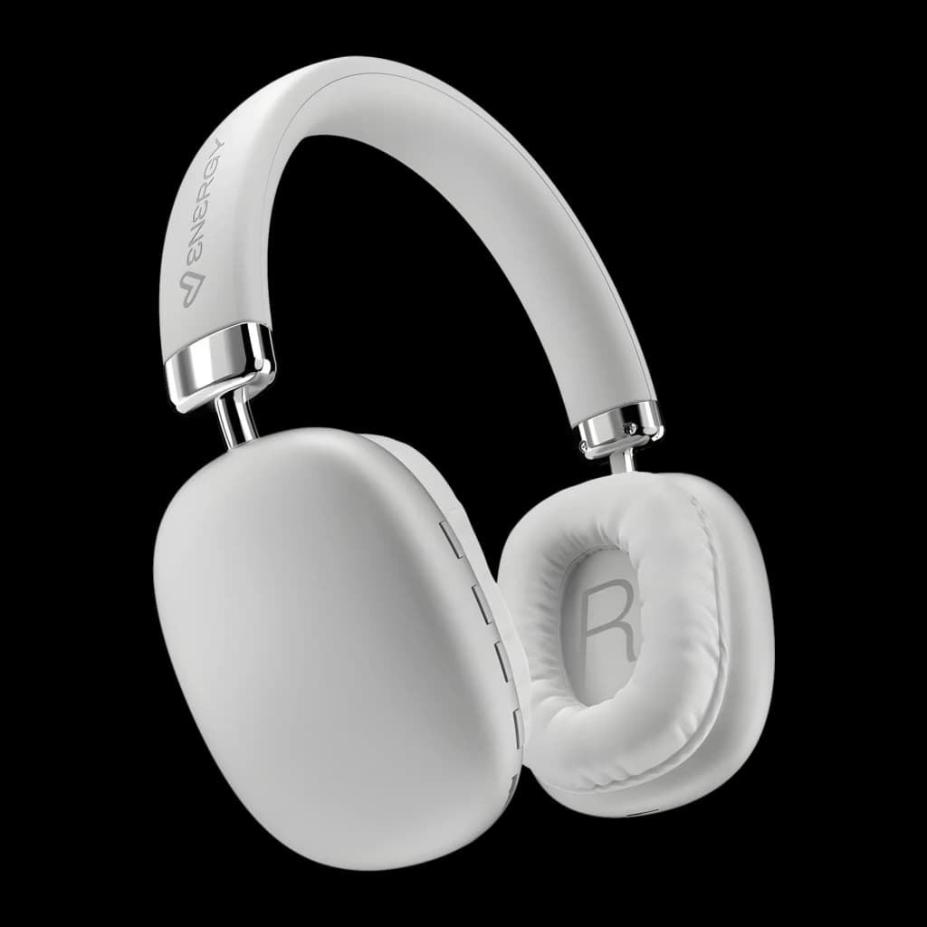 Energy Sistem Casque Style Blanc, vue latérale: coussinets rembourrés, lettre R visible et arceau avec logo Energy
