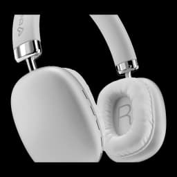 Energy Sistem Casque Style BT Blanc, détail coussinets: coussin droit avec lettre R, charnière argentée et arceau