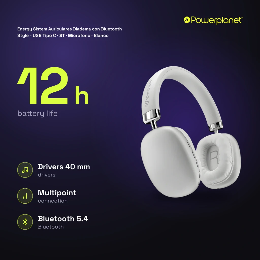 Energy Sistem Auriculares Style Blanco, vista lateral: almohadillas acolchadas, letra R visible y diadema con logo Energy - Ítem7
