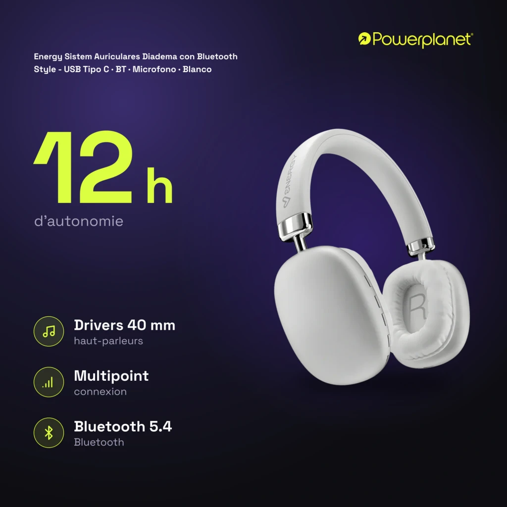 Energy Sistem Auriculares Style Blanco, vista lateral: almohadillas acolchadas, letra R visible y diadema con logo Energy - Ítem6