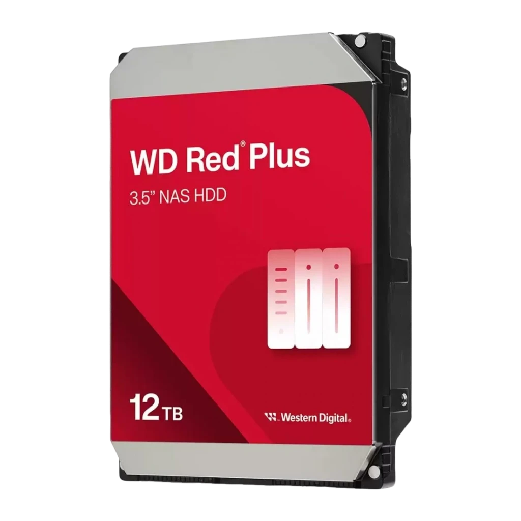 WD Red Plus WD120EFGX 12TB rojo, vista frontal: etiqueta roja con texto 3.5 NAS HDD, icono NAS y 12TB - Ítem1