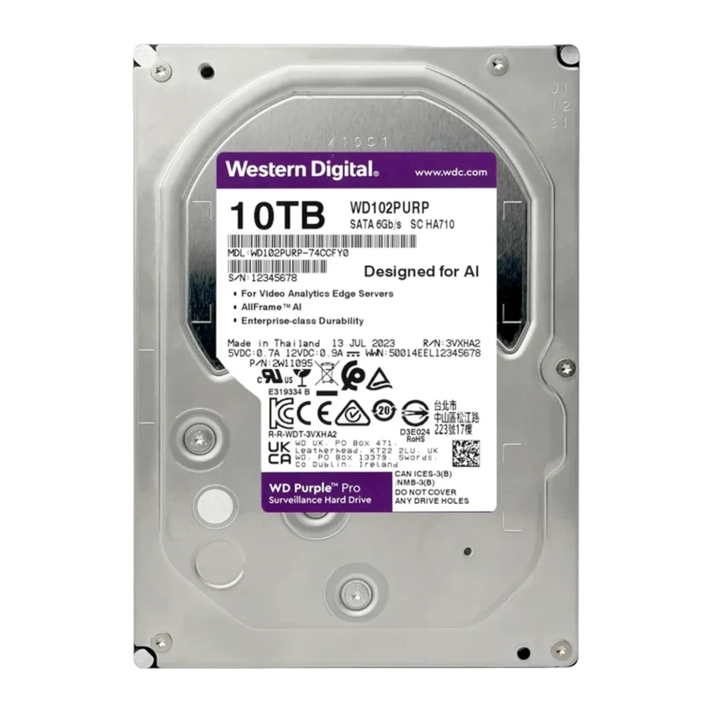WD Purple Pro WD102PURP 10TB púrpura, vista lateral: etiqueta morada con logo, icono cámara vigilancia y carcasa negra 3.5