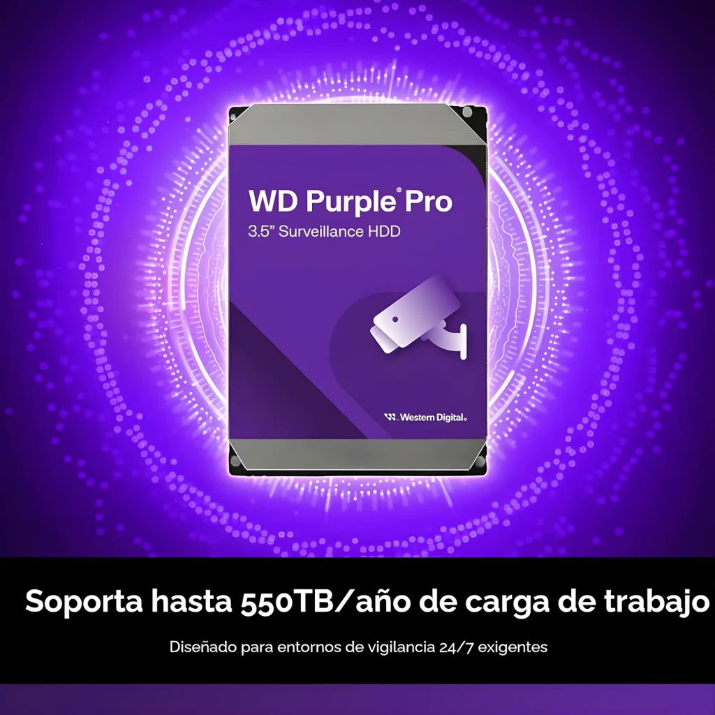 WD Purple Pro WD102PURP 10TB púrpura, vista lateral: etiqueta morada con logo, icono cámara vigilancia y carcasa negra 3.5