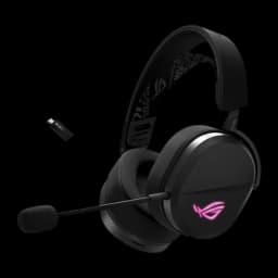 ASUS ROG Pelta Noir, vue principale: casque sans fil noir avec logo ROG rose, micro boom et dongle USB