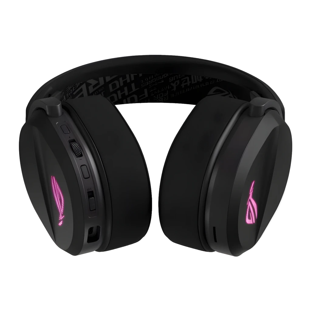 ASUS ROG Pelta Negro, vista principal: auricular inalámbrico negro con logo ROG rosa, micrófono boom y dongle USB - Ítem1
