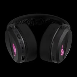 ASUS ROG Pelta Noir, vue de face: casque avec éclairage RGB rose sur les deux oreillettes et boutons latéraux visibles