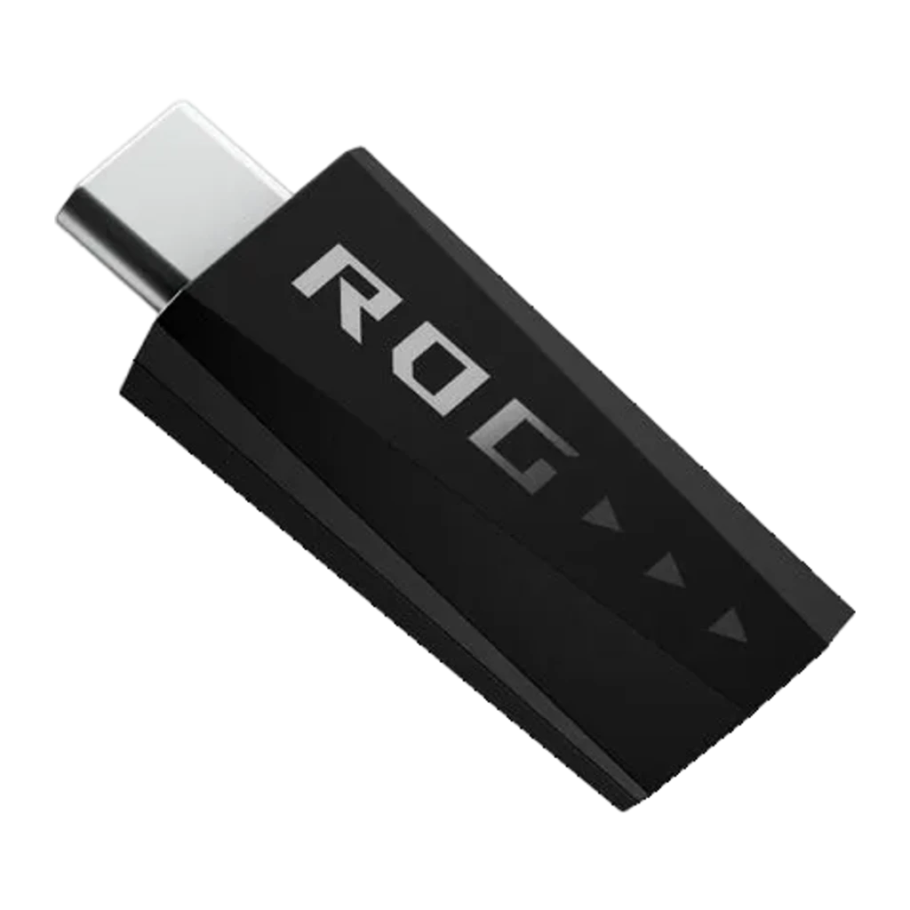 ASUS ROG Pelta Negro, vista principal: auricular inalámbrico negro con logo ROG rosa, micrófono boom y dongle USB - Ítem2
