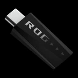 ASUS ROG Pelta Noir, accessoire: adaptateur USB-C noir avec logo ROG et connecteur argenté en vue diagonale