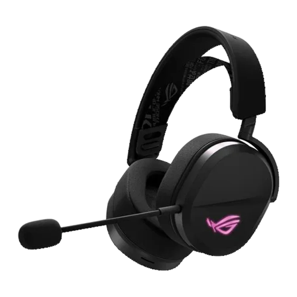 ASUS ROG Pelta Negro, vista principal: auricular inalámbrico negro con logo ROG rosa, micrófono boom y dongle USB - Ítem4