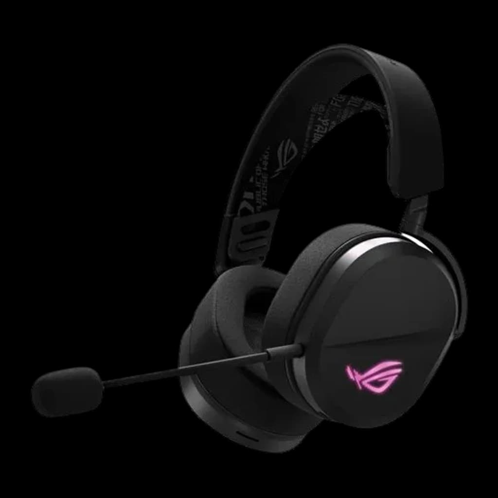 ASUS ROG Pelta Noir, vue latérale: casque noir avec logo ROG illuminé en rose et microphone boom extensible