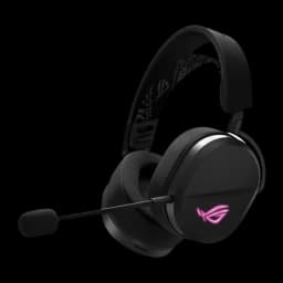 ASUS ROG Pelta Noir, vue latérale: casque noir avec logo ROG illuminé en rose et microphone boom extensible