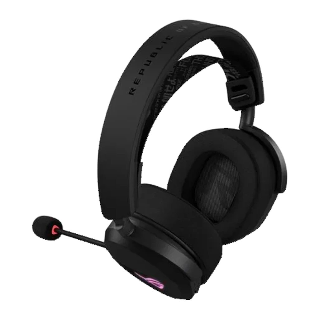 ASUS ROG Pelta Negro, vista principal: auricular inalámbrico negro con logo ROG rosa, micrófono boom y dongle USB - Ítem3