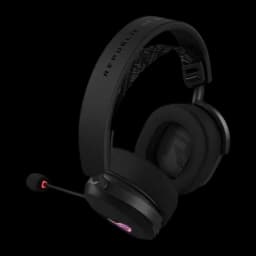 ASUS ROG Pelta Noir, vue latérale: casque avec microphone extensible, éclairage RGB sur la coque et arceau avec texte