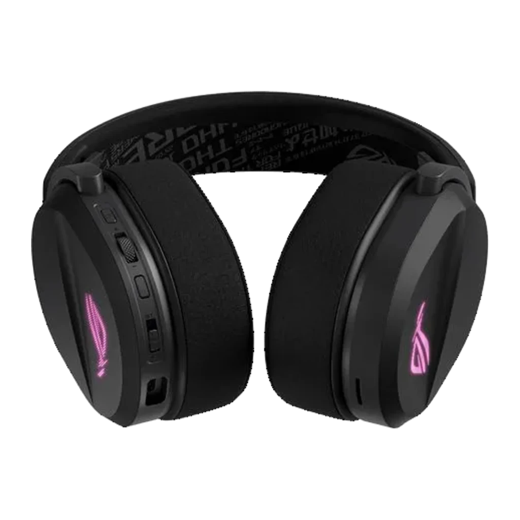 ASUS ROG Pelta Negro, vista principal: auricular inalámbrico negro con logo ROG rosa, micrófono boom y dongle USB - Ítem5