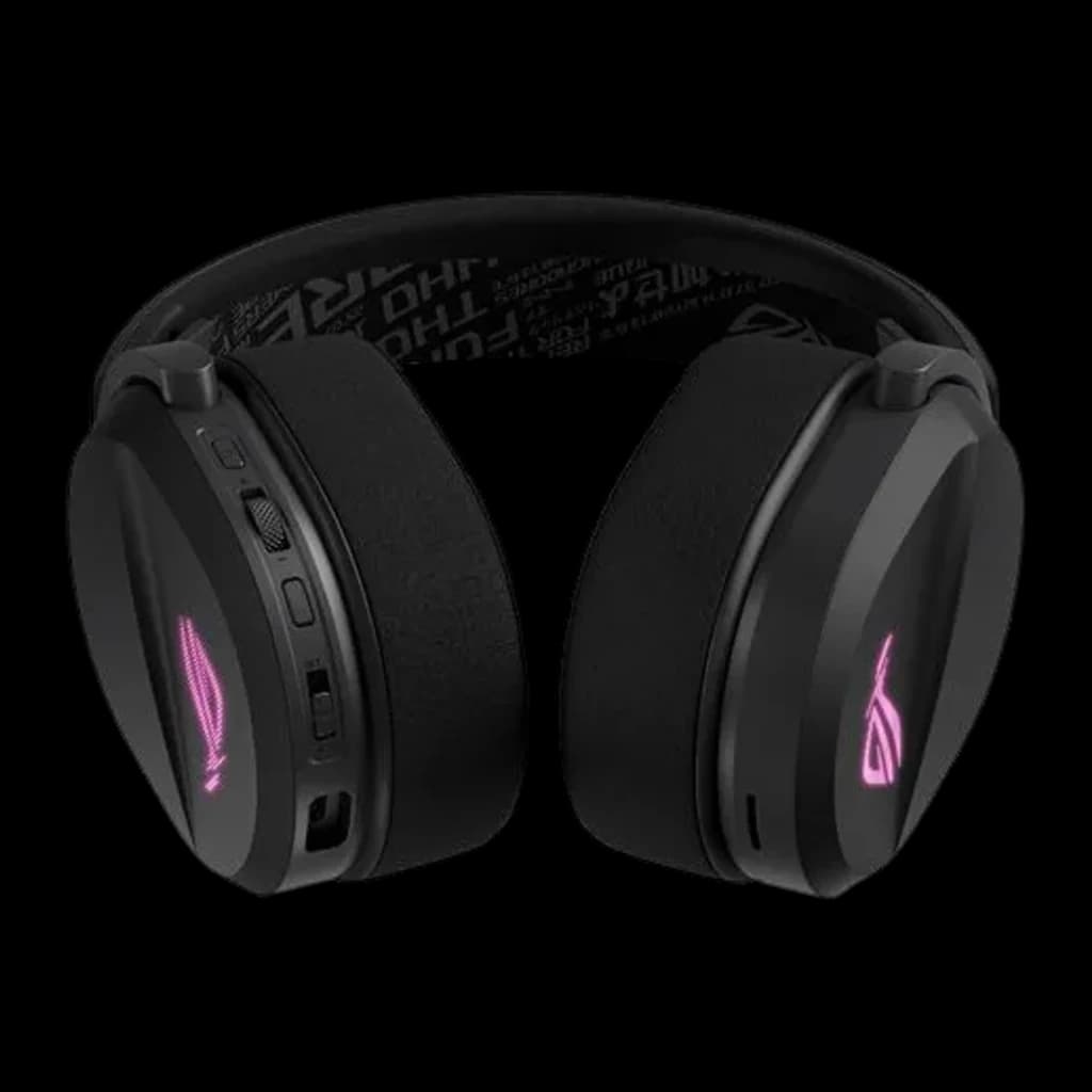 ASUS ROG Pelta Noir, vue avant: casque avec logo ROG illuminé en rose, boutons latéraux et arceau avec texte