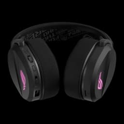ASUS ROG Pelta Noir, vue avant: casque avec logo ROG illuminé en rose, boutons latéraux et arceau avec texte