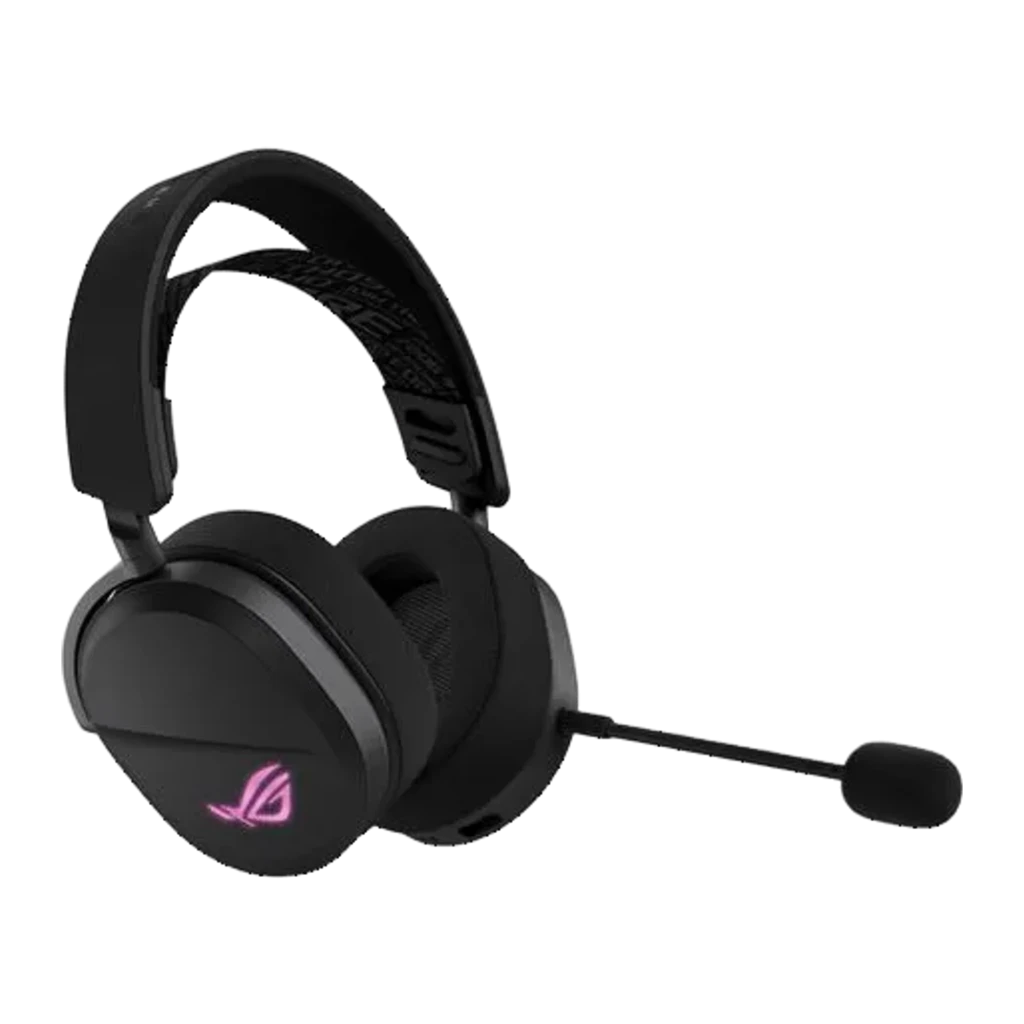 ASUS ROG Pelta Negro, vista principal: auricular inalámbrico negro con logo ROG rosa, micrófono boom y dongle USB - Ítem6