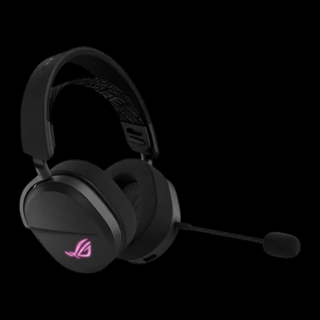 ASUS Casque ROG Pelta Noir, vue latérale: logo ROG illuminé en rose, microphone boom et arceau rembourré