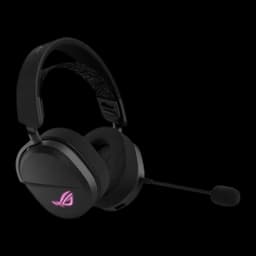 ASUS Casque ROG Pelta Noir, vue latérale: logo ROG illuminé en rose, microphone boom et arceau rembourré