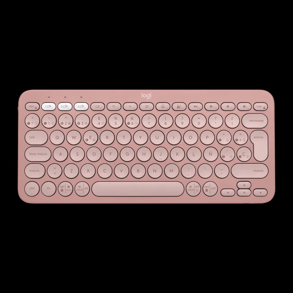 Logitech Teclado Pebble Keys 2 K380s Rosa, vista superior: teclas redondas, disposição espanhola e botões multidispositivo